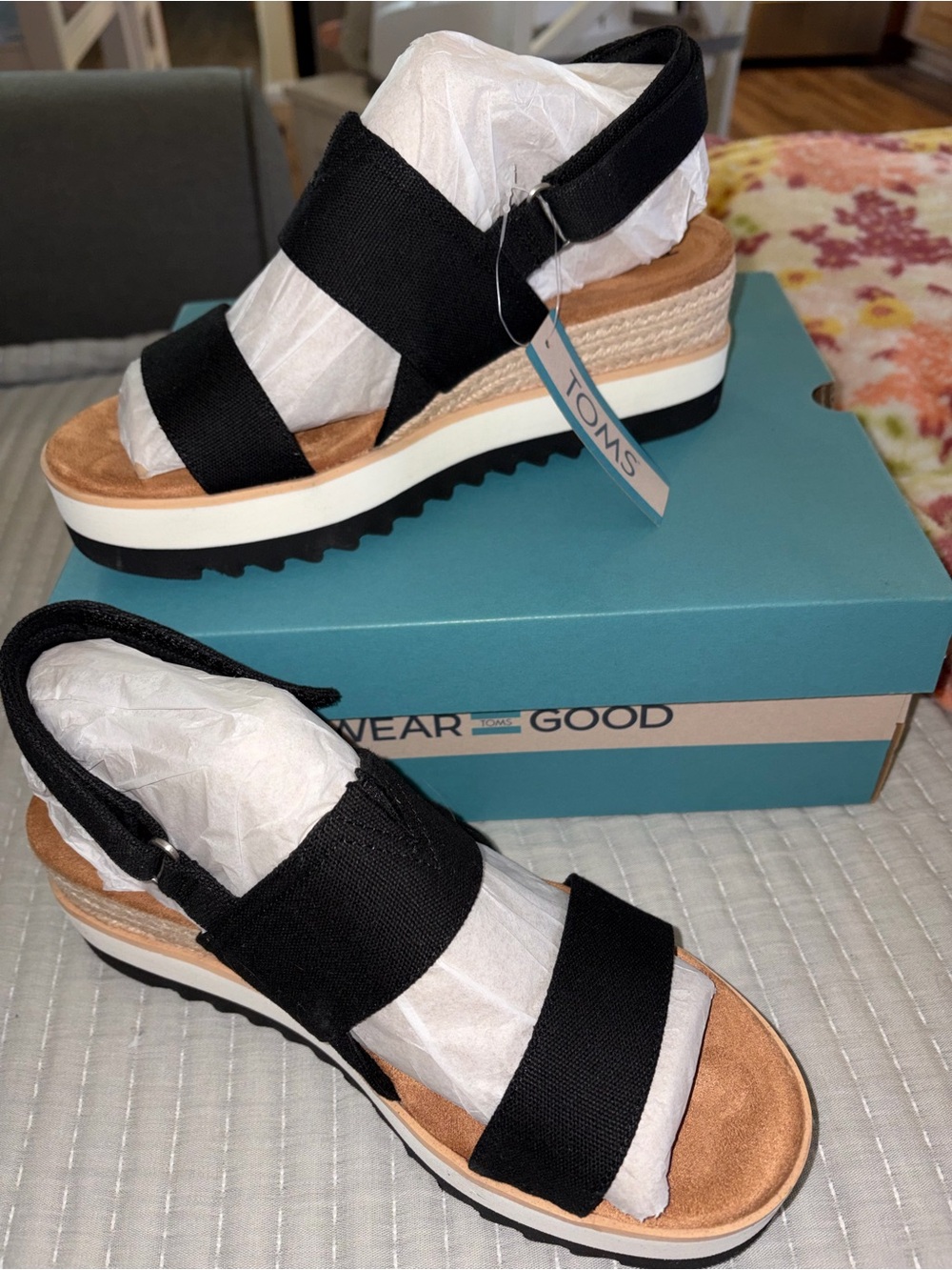 TOMS Black Strappy Platform Wedge Sandals